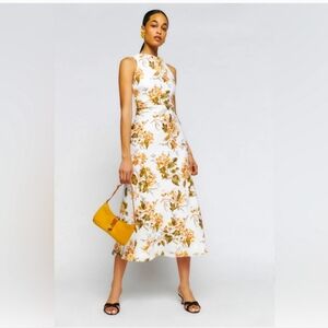 Reformation Cassette multi floral linen mock neck open back w/ruched waist dress